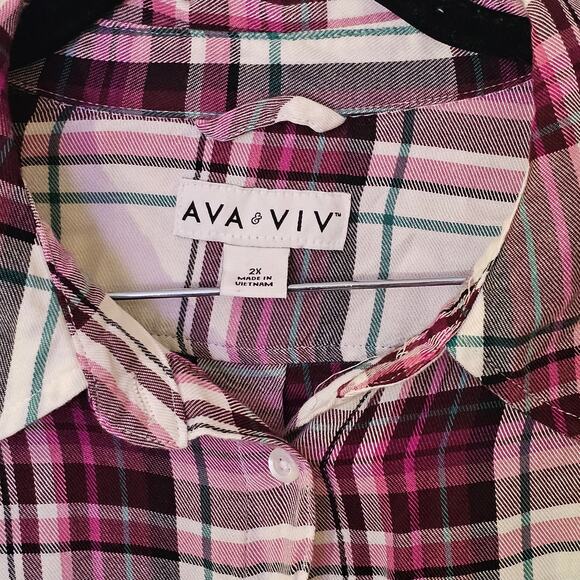 Ava & Viv Lightweight Purple Plaid Sz 2X Button Up Rayon Tunic Length Casual - Picture 2 of 6